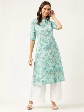 Sea Green Floral Printed Cotton A-Line  Kurta